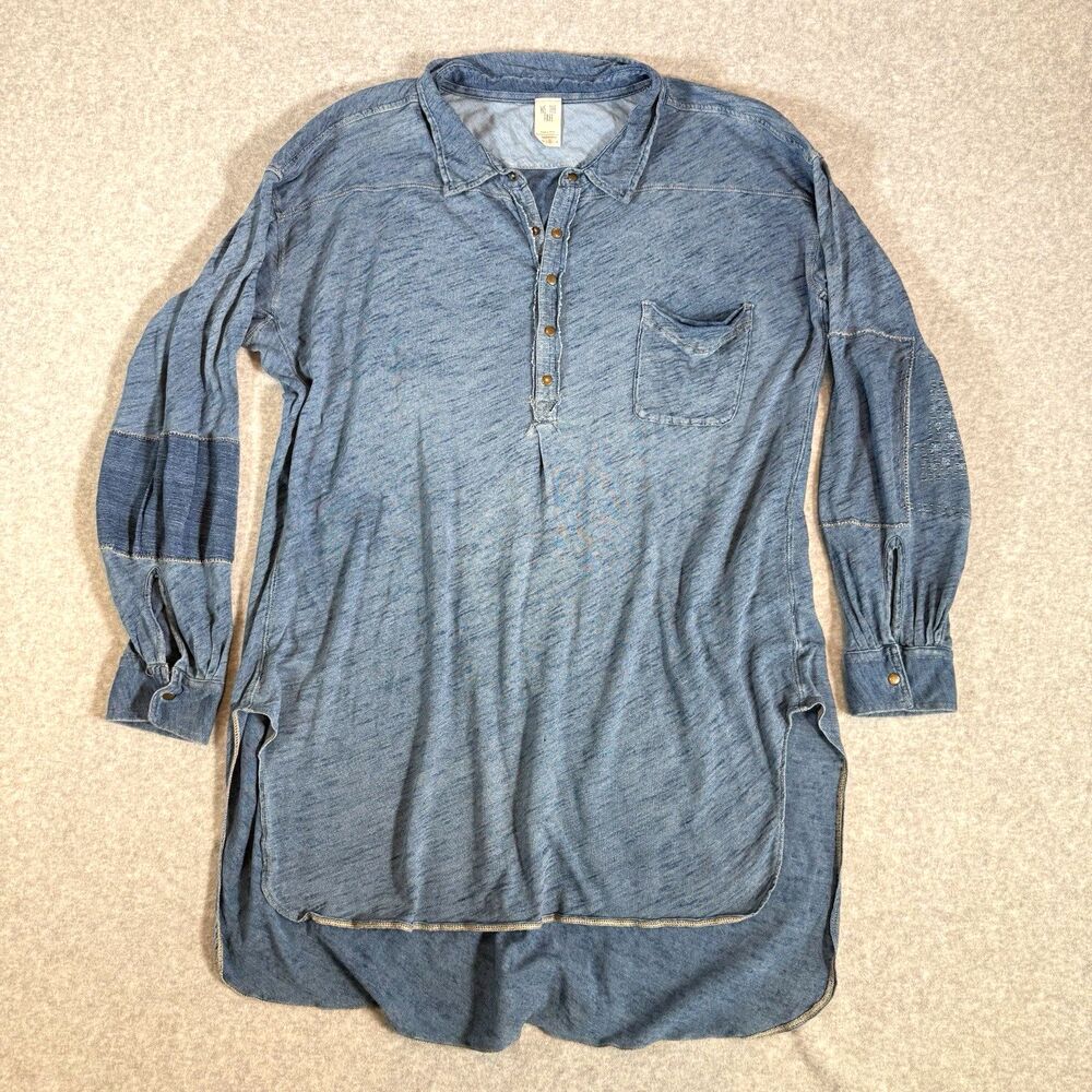 Free People We The Free Love This Henley Tunic Top Indigo Blue Patchwork M Boho